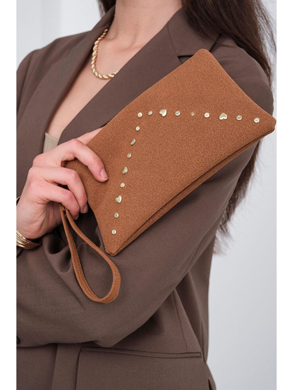 Kahverengi Geez Troklu Clutch Çanta Taba-3