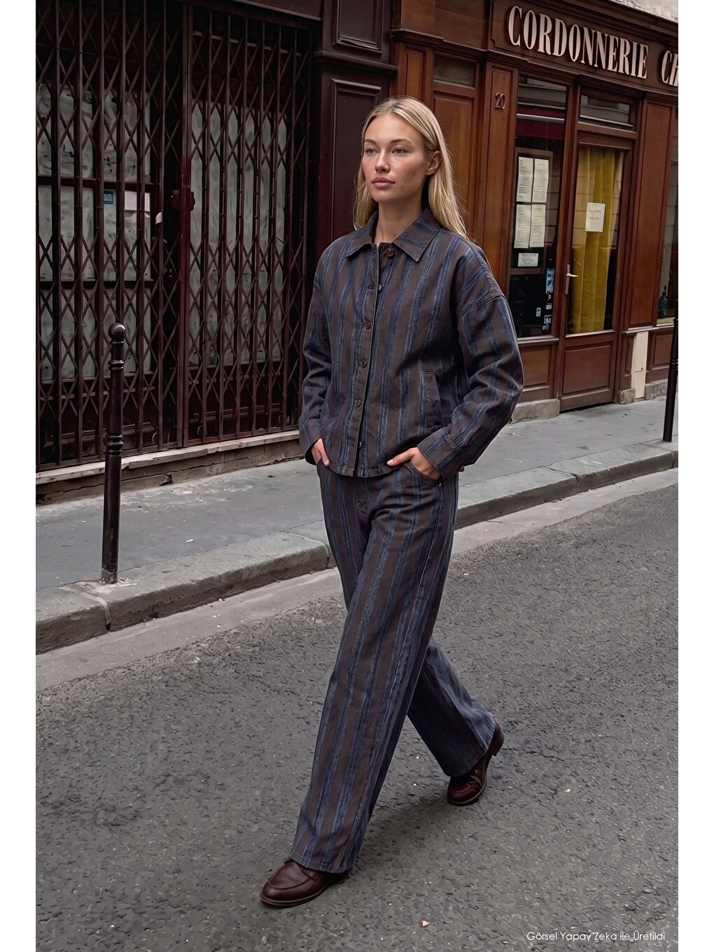 Kahverengi Kadın Kahve Çizgili 1w6-7 Barrel Fit Bol Kesim Tasarım Denim Pantolon-2