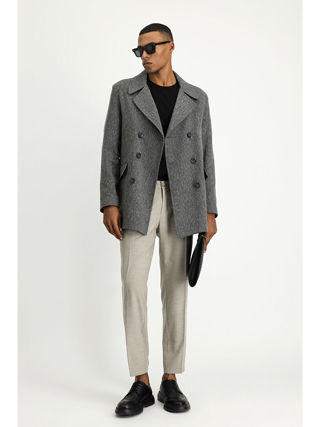 Antrasit Desenli Yünlü Kruvaze Kaban