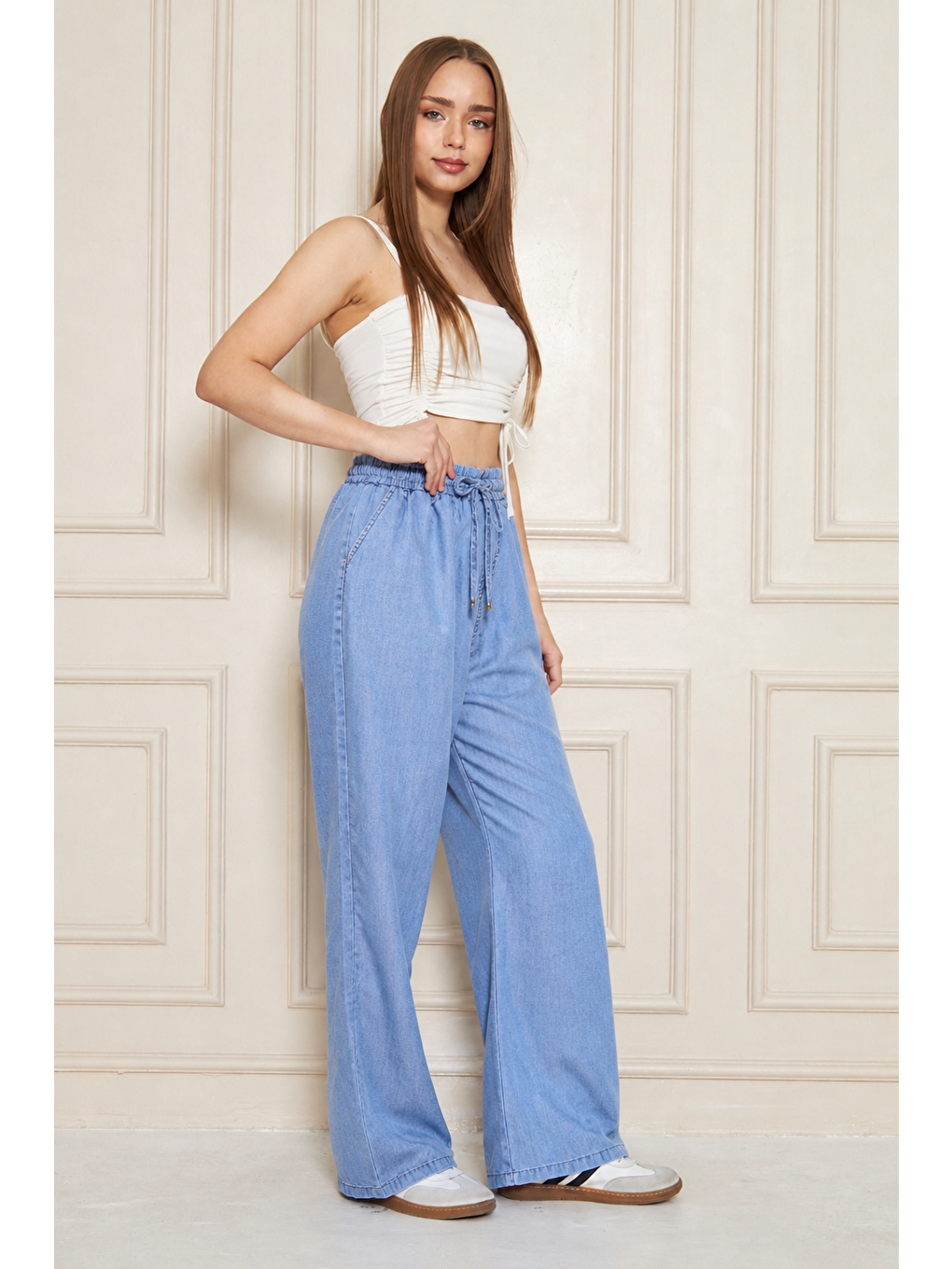 Kadın %100 Pamuklu Bol Paça Mavi Baggy Pantolon-2