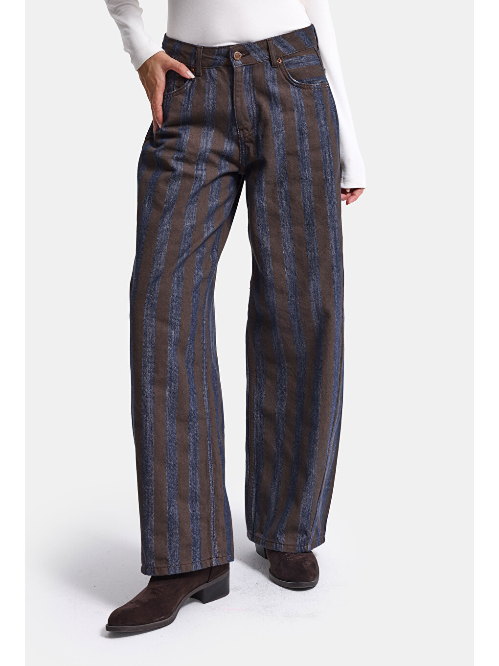 Kahverengi Kadın Kahve Çizgili 1w6-7 Barrel Fit Bol Kesim Tasarım Denim Pantolon-4