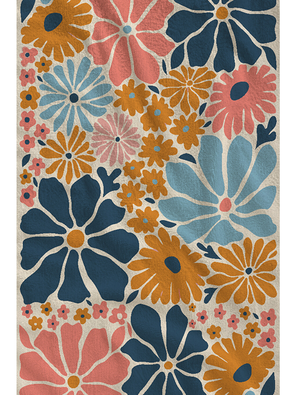 Turuncu Mavi Yeşil Retro Büyük Çiçek Desenli 70x150 Cm Dijital Baskılı Plaj Ve Banyo Havlusu-1