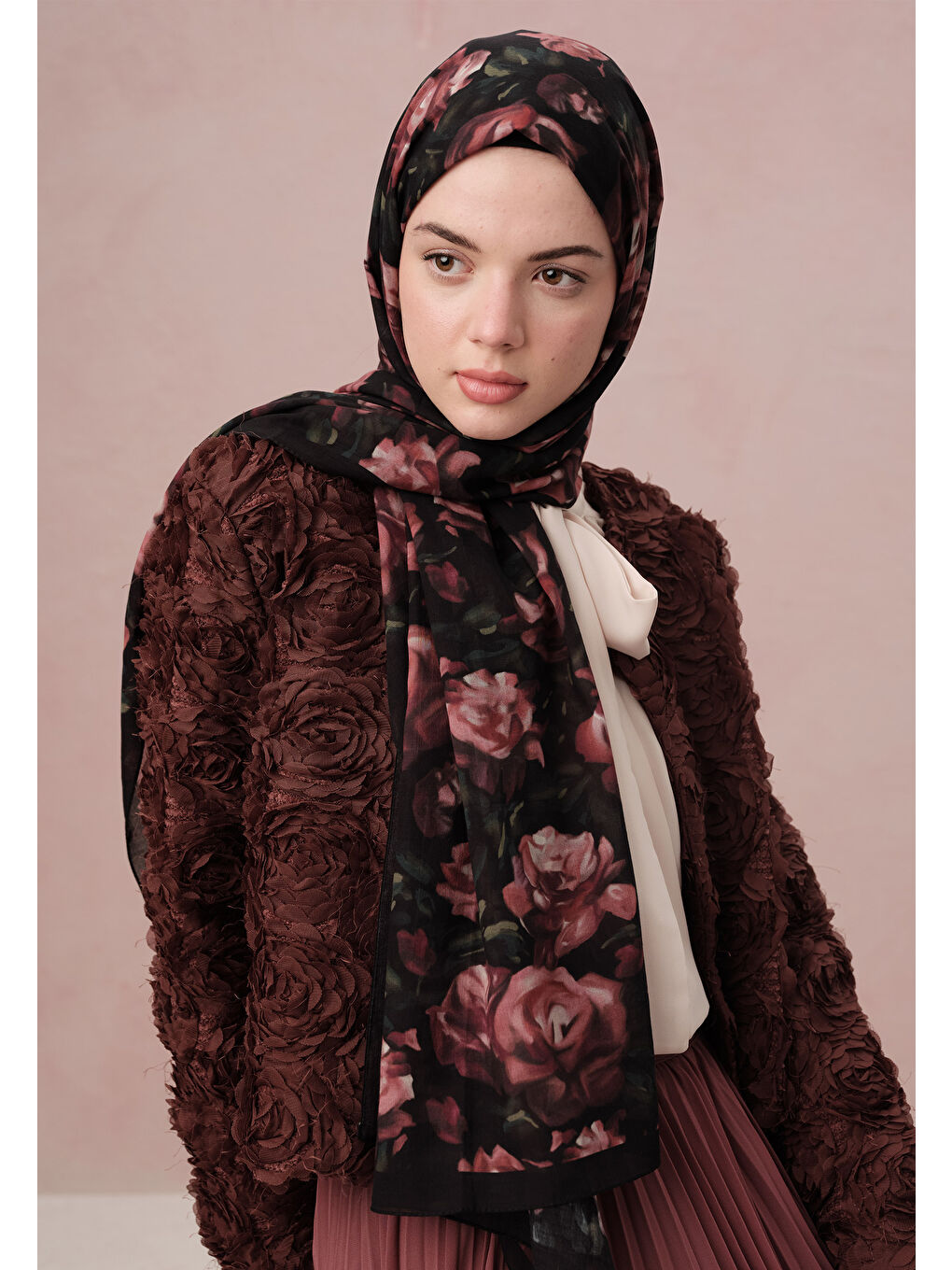 Pembe Wıld Rose Desen Vual Şal Gülkurusu-1