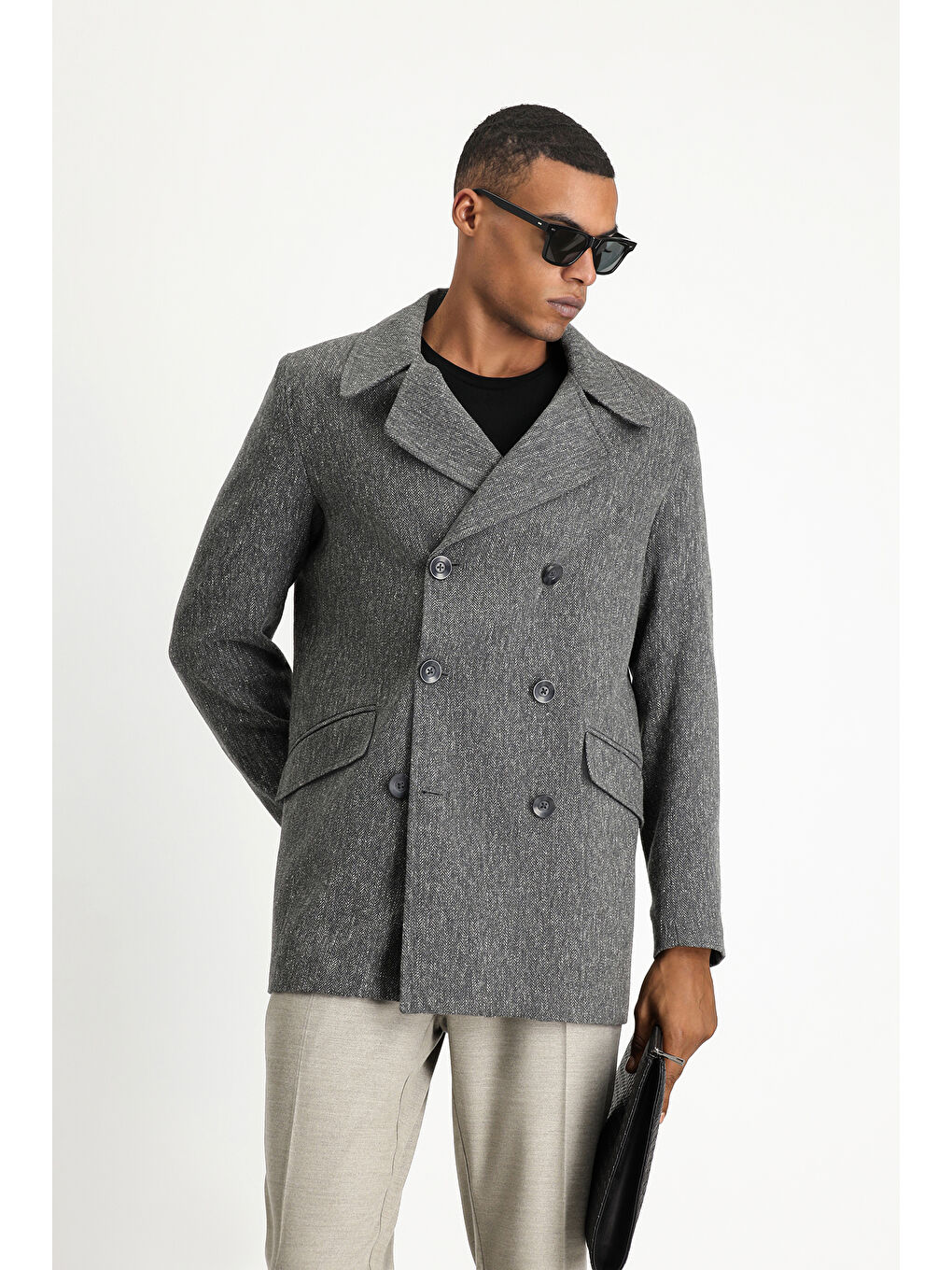 Antrasit Desenli Yünlü Kruvaze Kaban-1