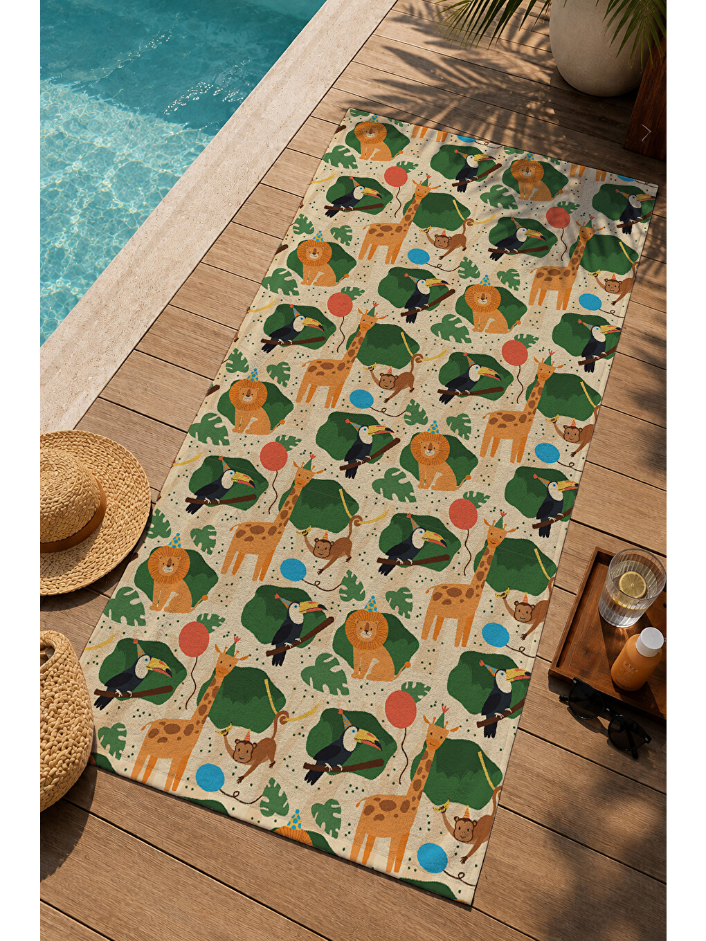 Yeşil Turuncu Tropikal Orman Ve Hayvan Desenli 70x150 Cm Dijital Baskılı Plaj Ve Banyo Havlusu-2