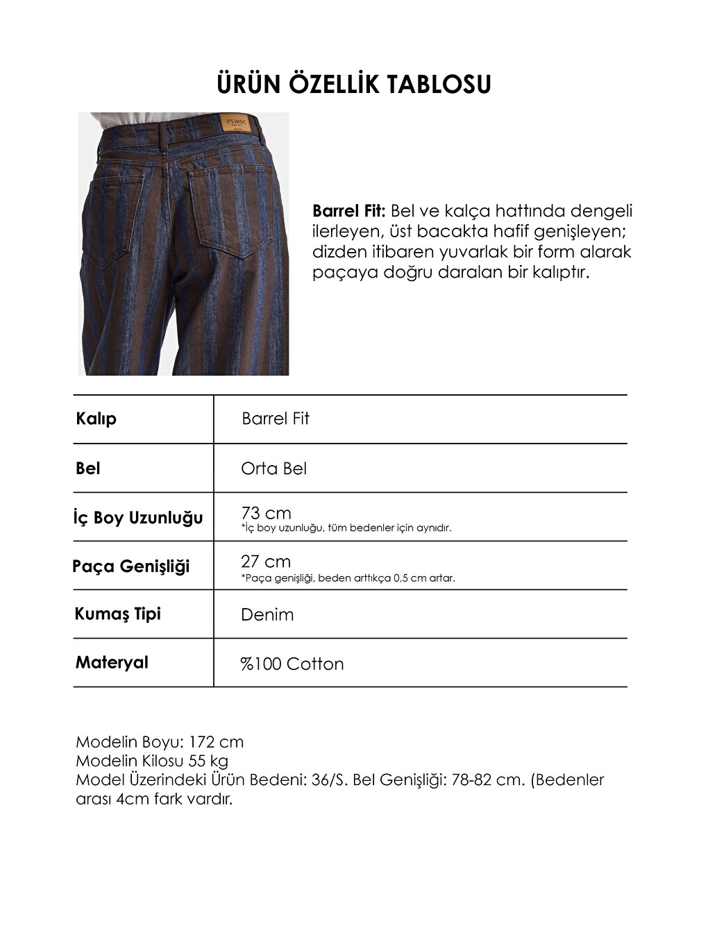Kahverengi Kadın Kahve Çizgili 1w6-7 Barrel Fit Bol Kesim Tasarım Denim Pantolon-5