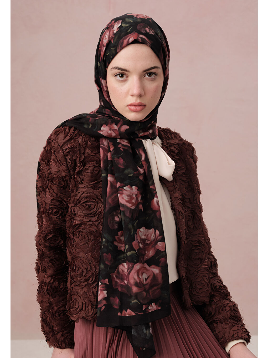 Pembe Wıld Rose Desen Vual Şal Gülkurusu-2