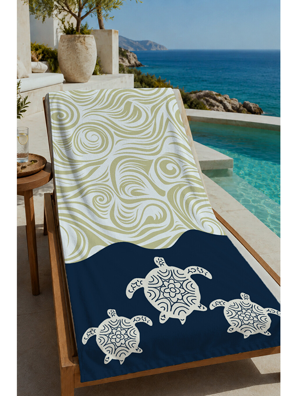 Zeytin Yeşili Soyut Dalga Ve Lacivert Deniz 70x150 Cm Dijital Baskılı Plaj Ve Banyo Havlusu
