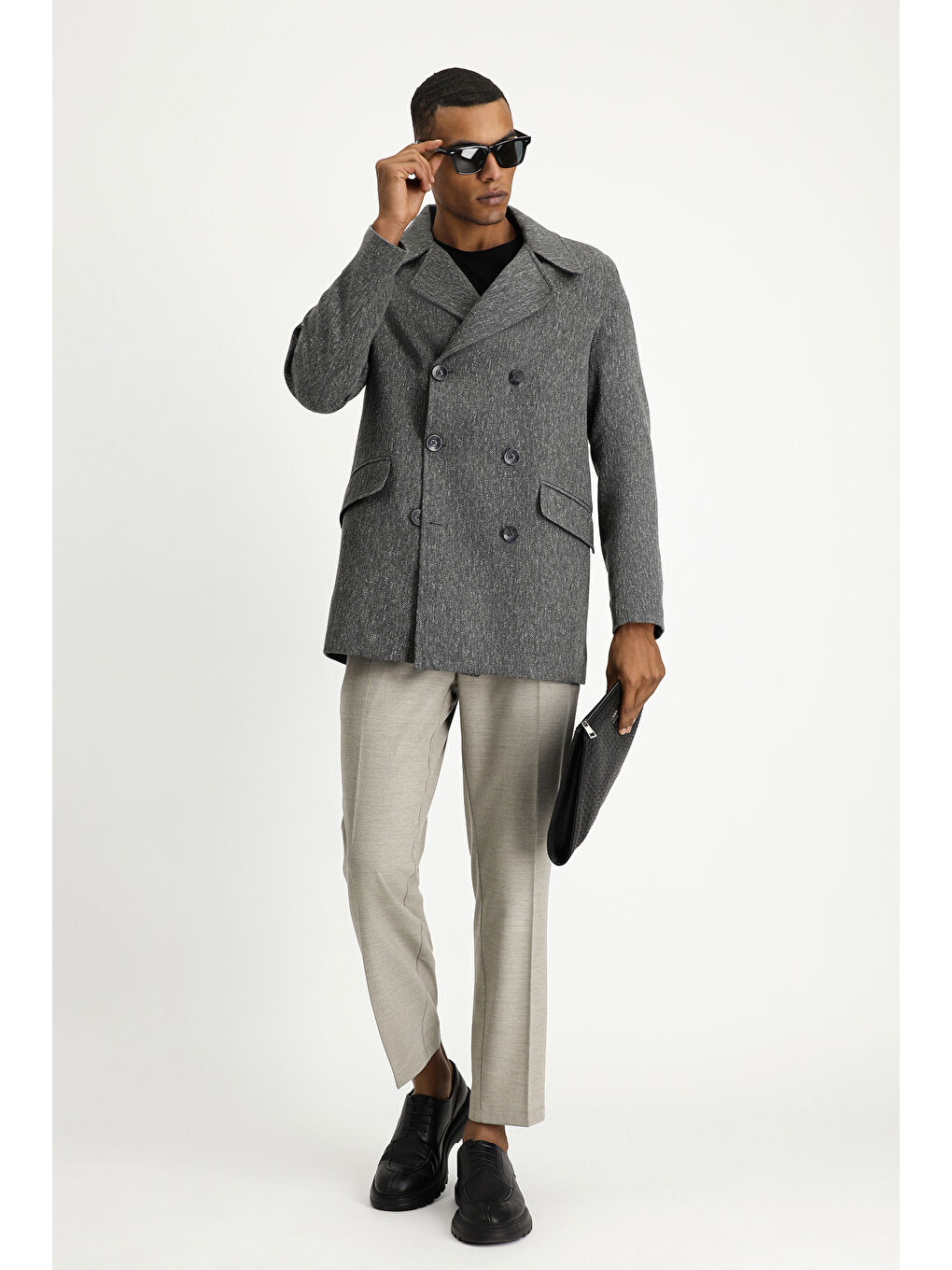 Antrasit Desenli Yünlü Kruvaze Kaban-3