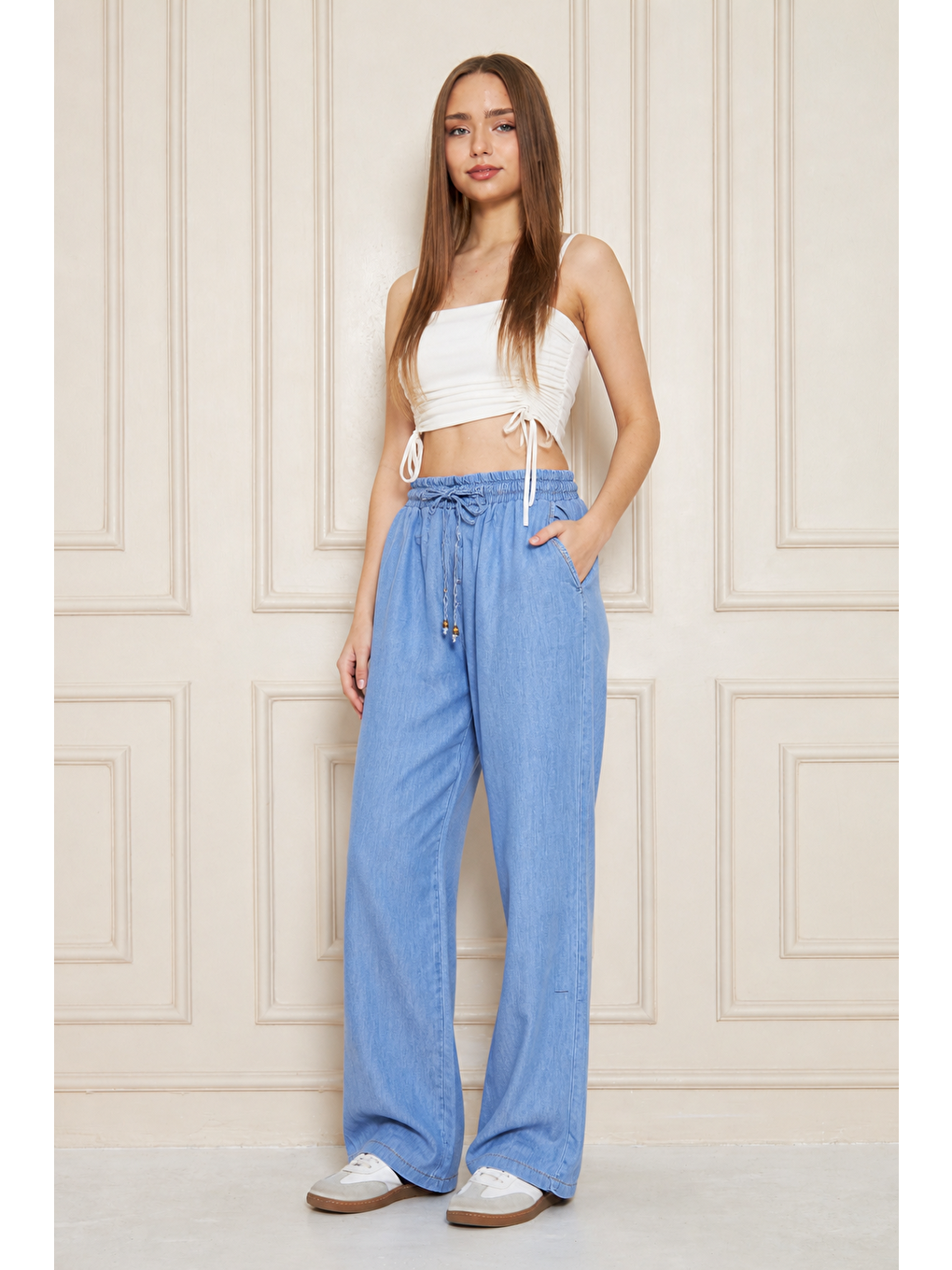 Kadın %100 Pamuklu Bol Paça Mavi Baggy Pantolon-3