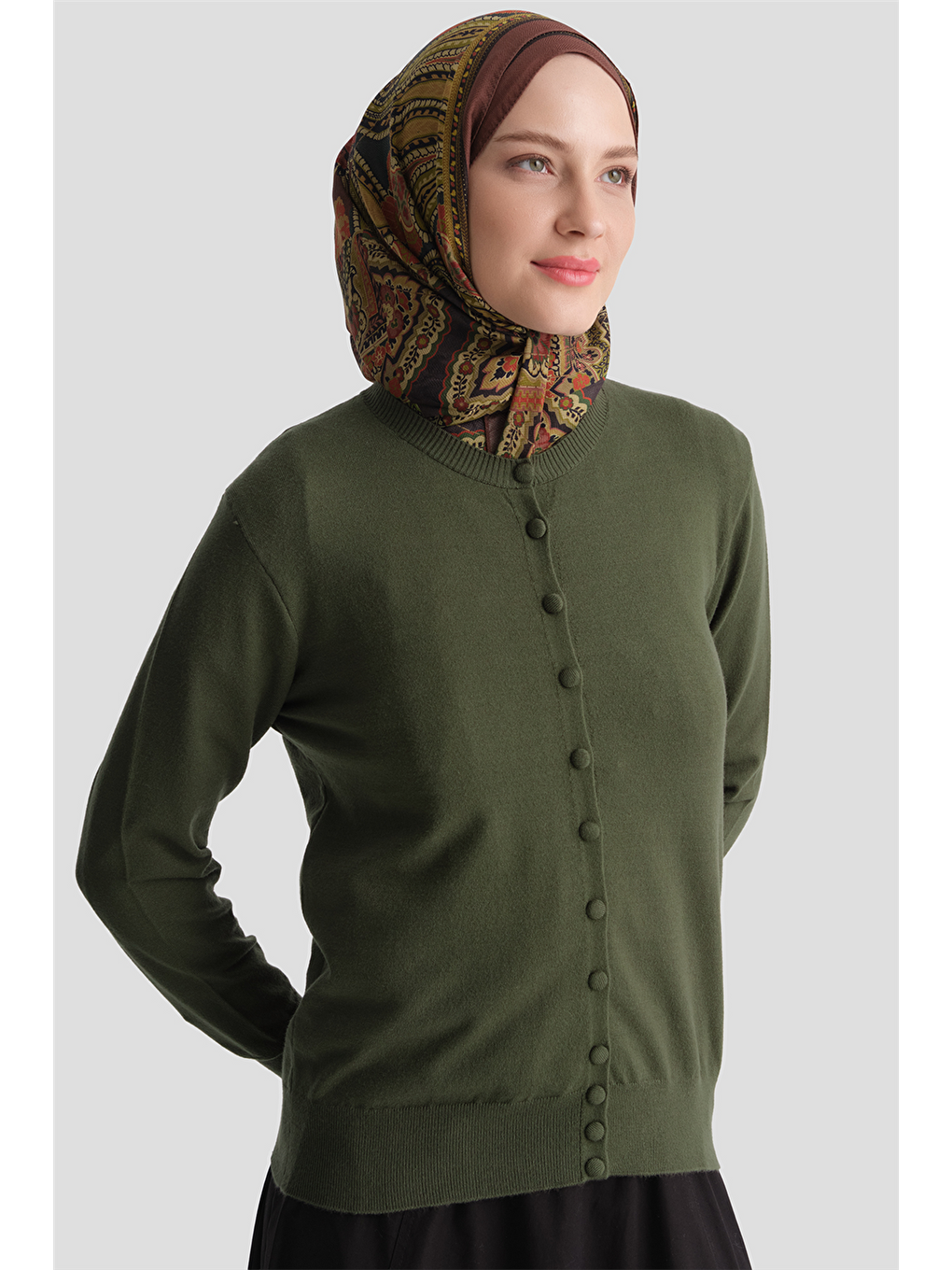 Düğme Detaylı Basic Hırka Haki-3