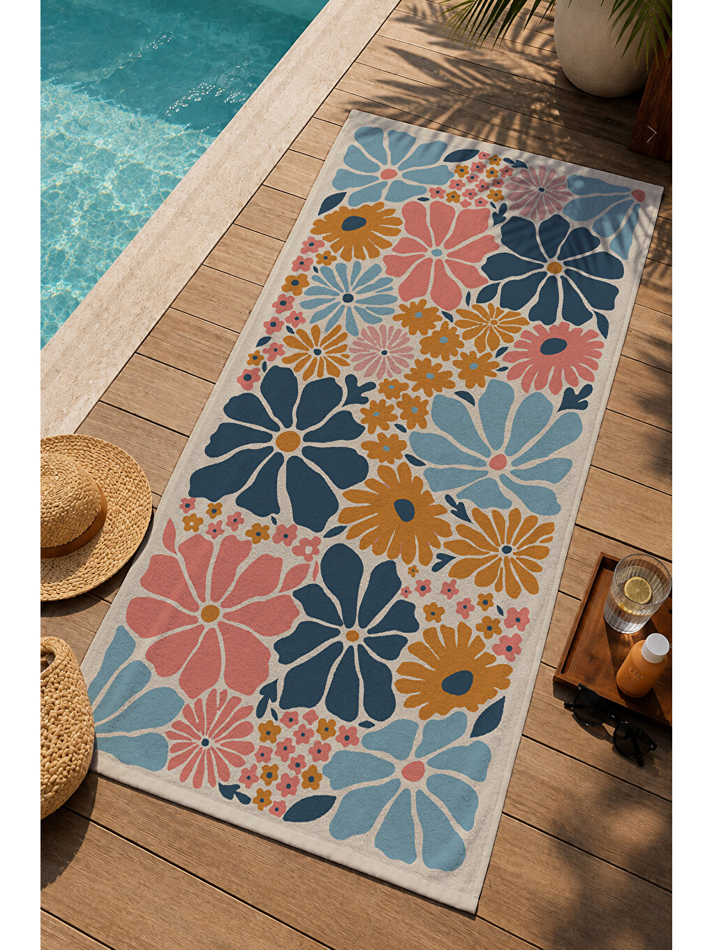 Turuncu Mavi Yeşil Retro Büyük Çiçek Desenli 70x150 Cm Dijital Baskılı Plaj Ve Banyo Havlusu-2