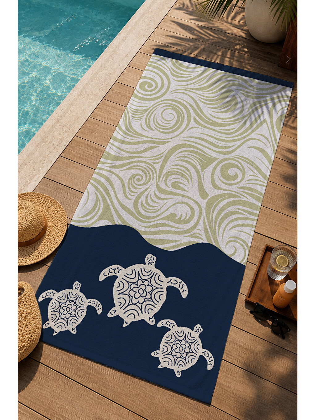 Zeytin Yeşili Soyut Dalga Ve Lacivert Deniz 70x150 Cm Dijital Baskılı Plaj Ve Banyo Havlusu-2