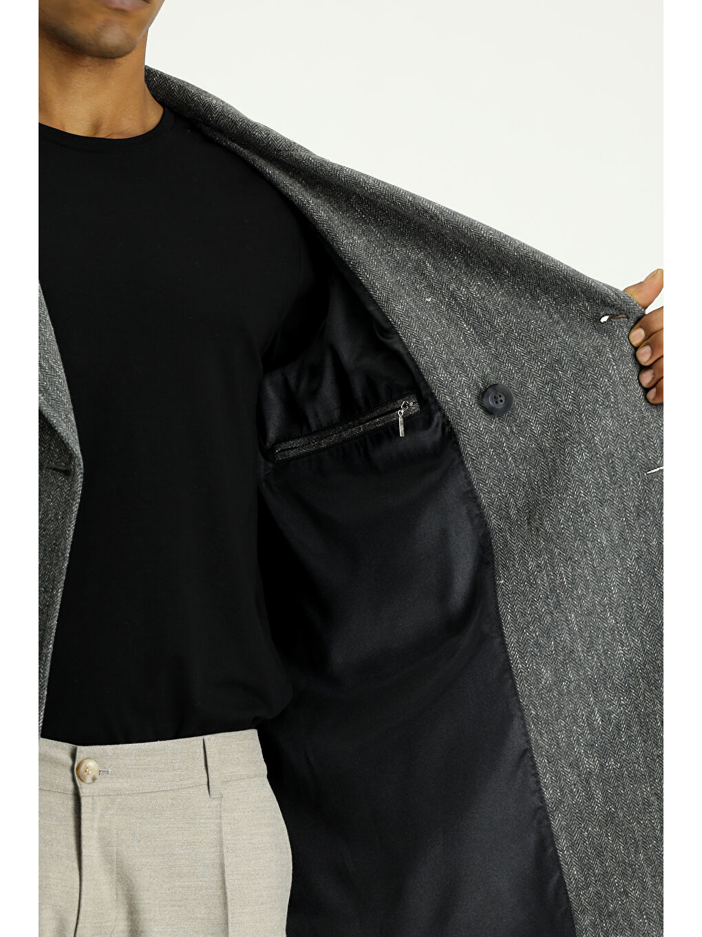 Antrasit Desenli Yünlü Kruvaze Kaban-5