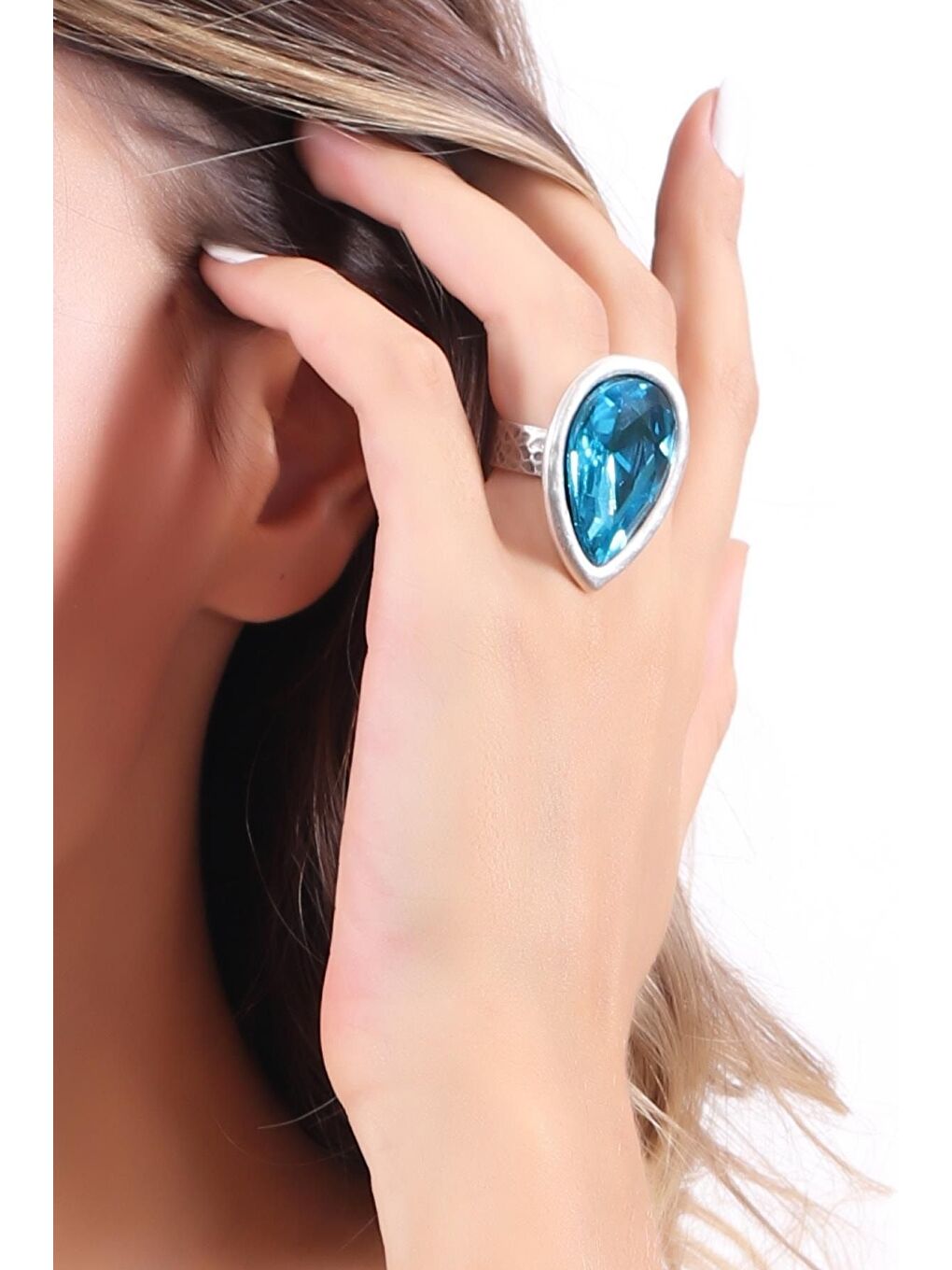 Gri Kadın Antik Gümüş Kaplama  Kristal Kesme Taşlı Damla Yüzük-2