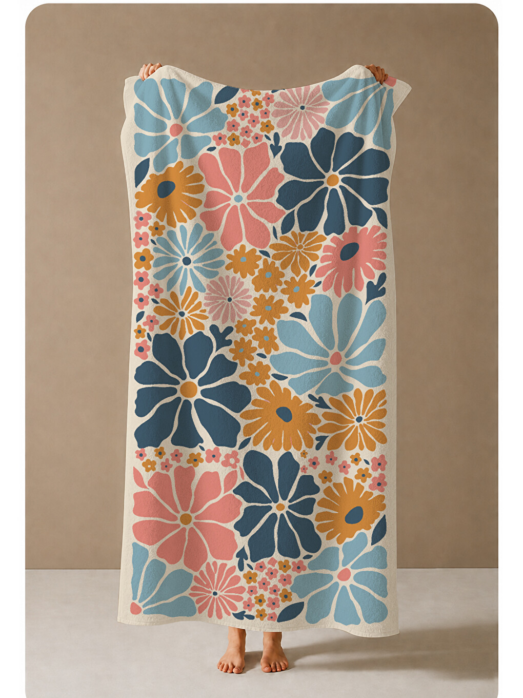 Turuncu Mavi Yeşil Retro Büyük Çiçek Desenli 70x150 Cm Dijital Baskılı Plaj Ve Banyo Havlusu-3