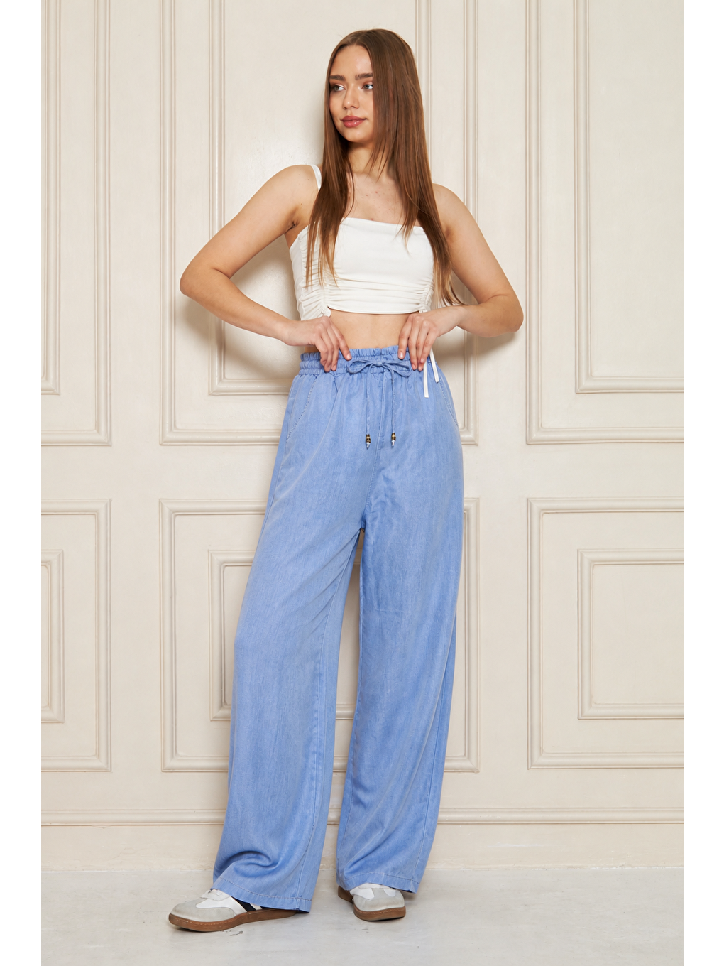 Kadın %100 Pamuklu Bol Paça Mavi Baggy Pantolon-4