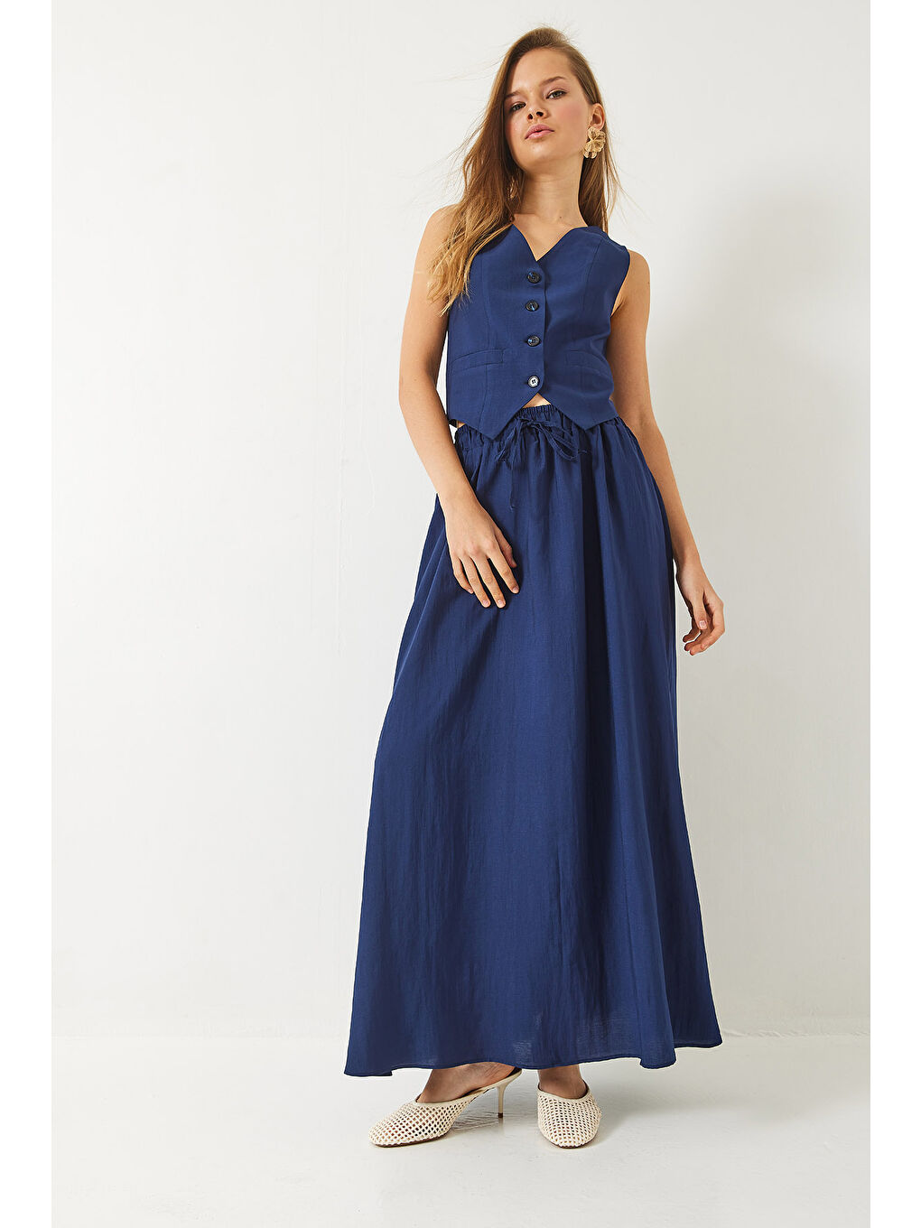 Lacivert Kadın Olivia Yelekli Astarlı Cep Detaylı Kloş Etekli Takım-1