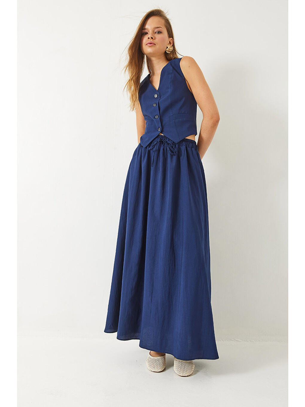 Lacivert Kadın Olivia Yelekli Astarlı Cep Detaylı Kloş Etekli Takım-2