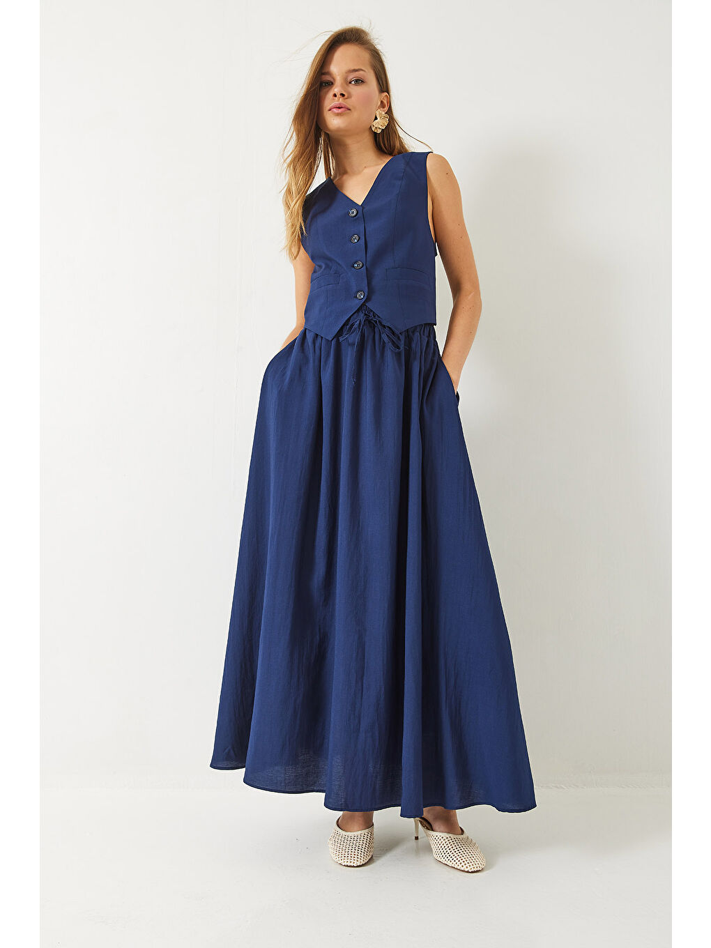 Lacivert Kadın Olivia Yelekli Astarlı Cep Detaylı Kloş Etekli Takım-3