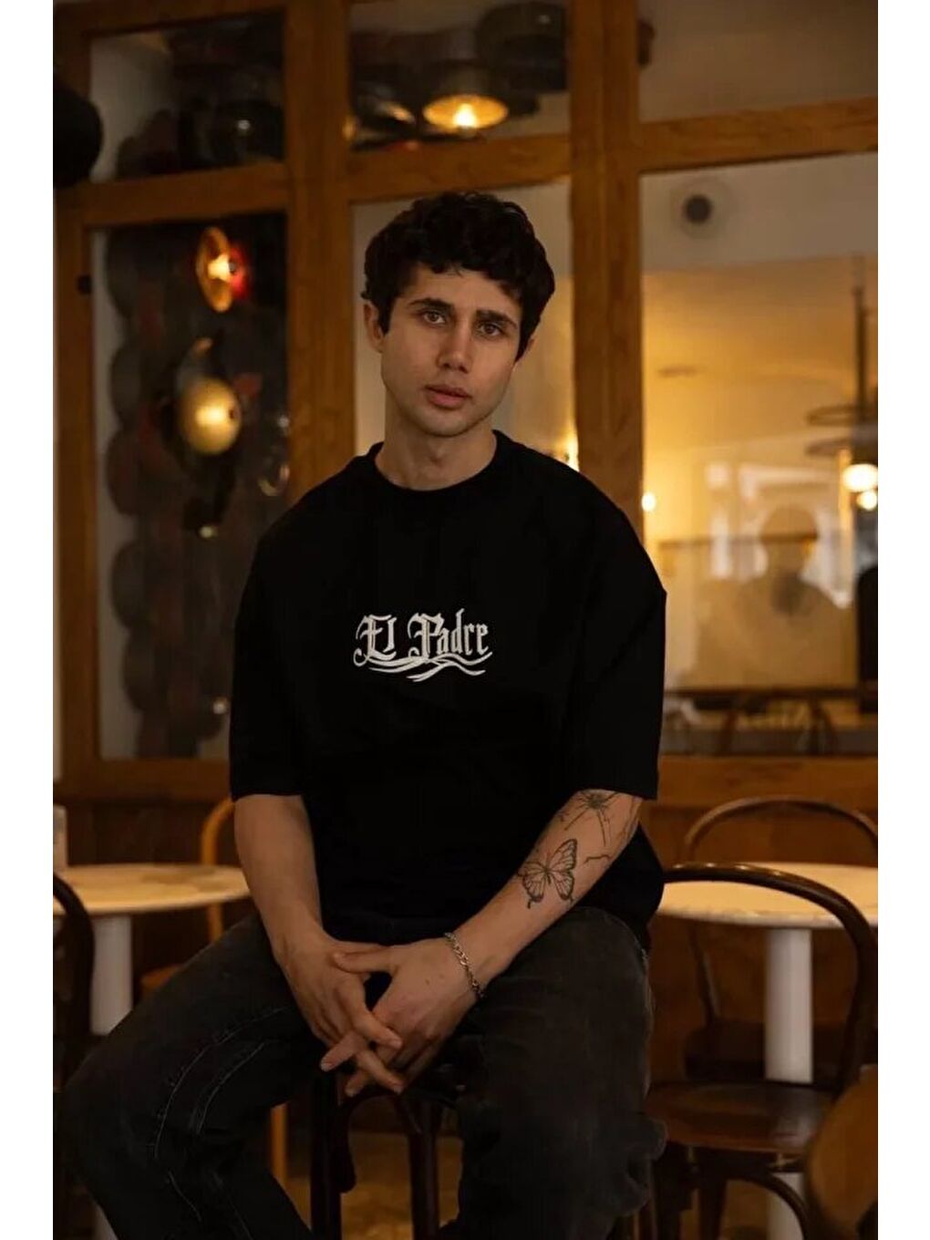 Unisex Bisiklet Yaka Baskılı Oversize T-Shirt - Siyah-1