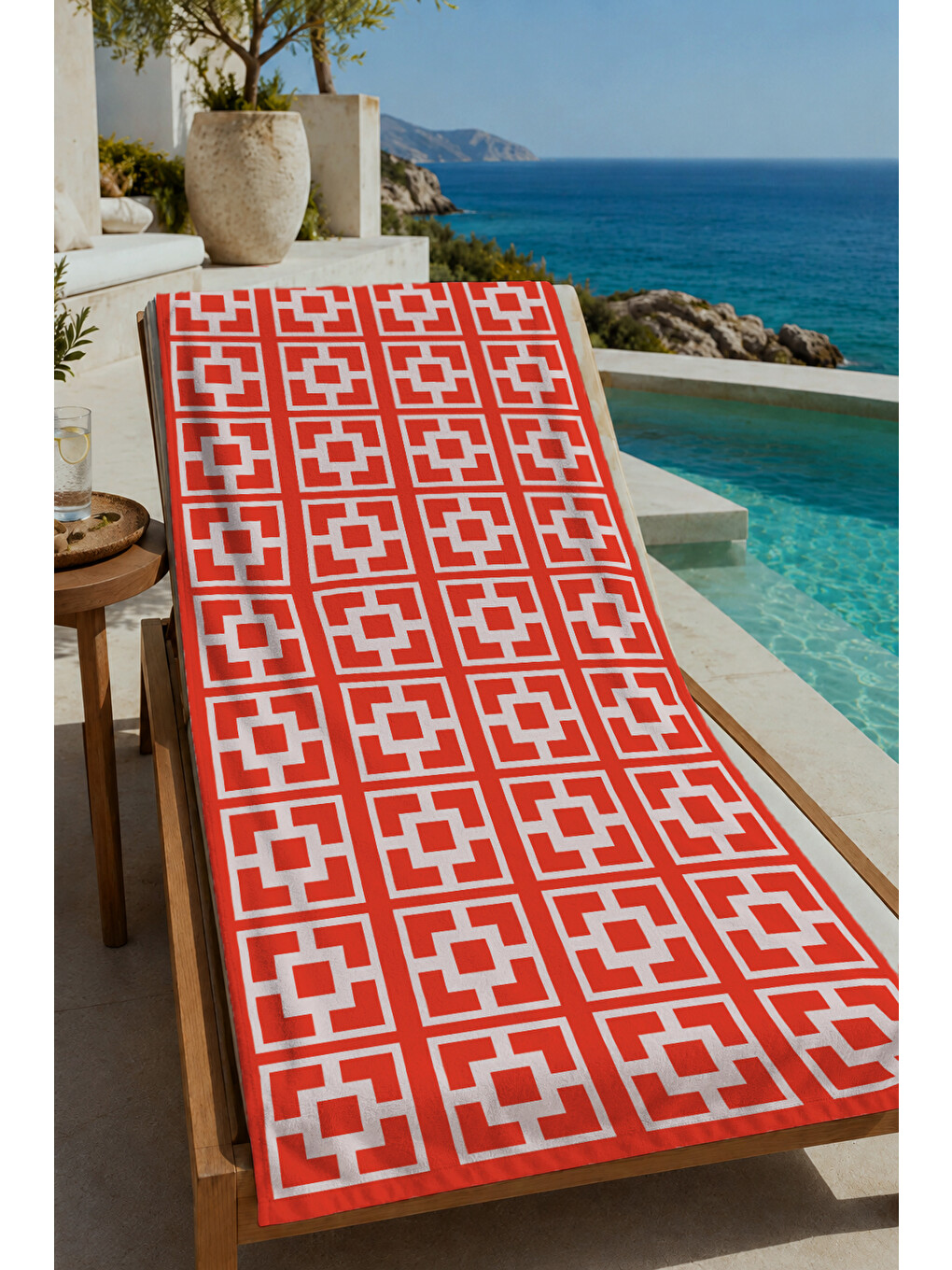 Turuncu Beyaz Retro Geometrik Desenli 70x150 Cm Dijital Baskılı Plaj Ve Banyo Havlusu
