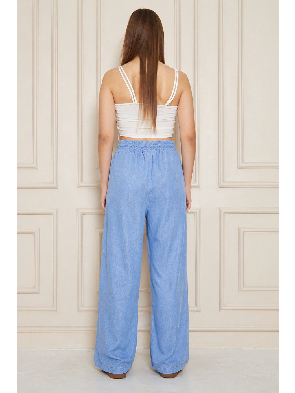 Kadın %100 Pamuklu Bol Paça Mavi Baggy Pantolon-5