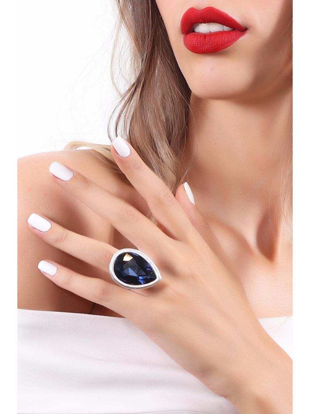 Lacivert Kadın Antik Gümüş Kaplama  Kristal Kesme Taşlı Damla Yüzük-3