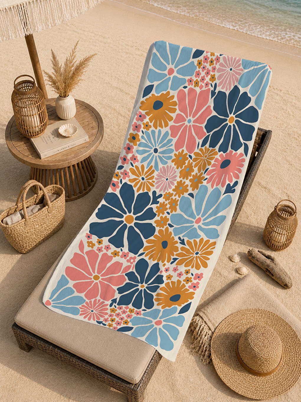 Turuncu Mavi Yeşil Retro Büyük Çiçek Desenli 70x150 Cm Dijital Baskılı Plaj Ve Banyo Havlusu-4
