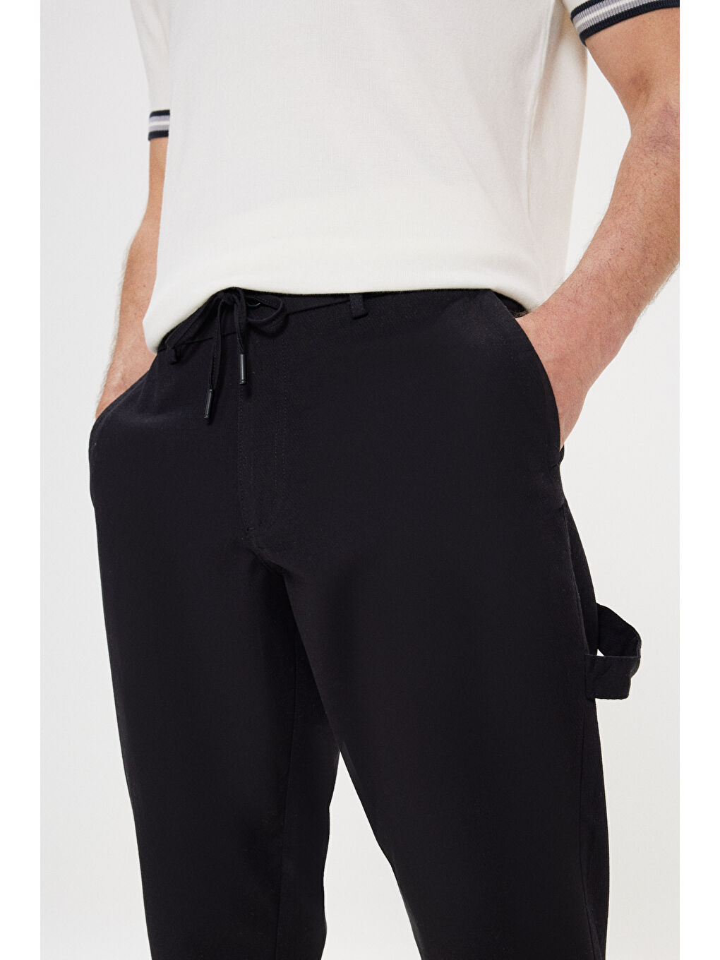 Erkek Siyah Oversize Bol Kesim Beli Bağlamalı Pamuklu Esnek Armürlü Yan Cepli Pantolon-3