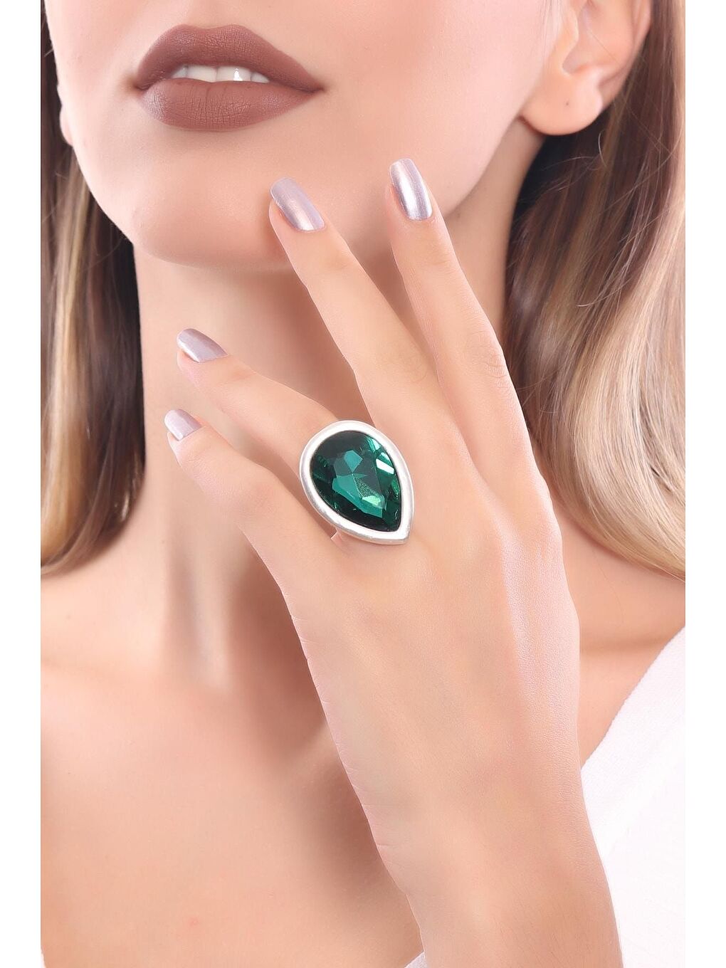 Gri Kadın Antik Gümüş Kaplama  Kristal Kesme Taşlı Damla Yüzük-2