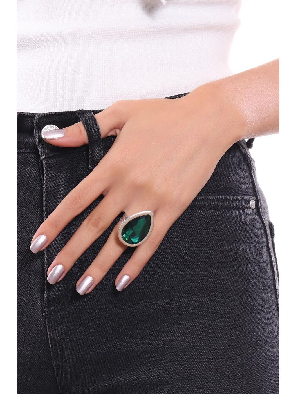 Gri Kadın Antik Gümüş Kaplama  Kristal Kesme Taşlı Damla Yüzük-3