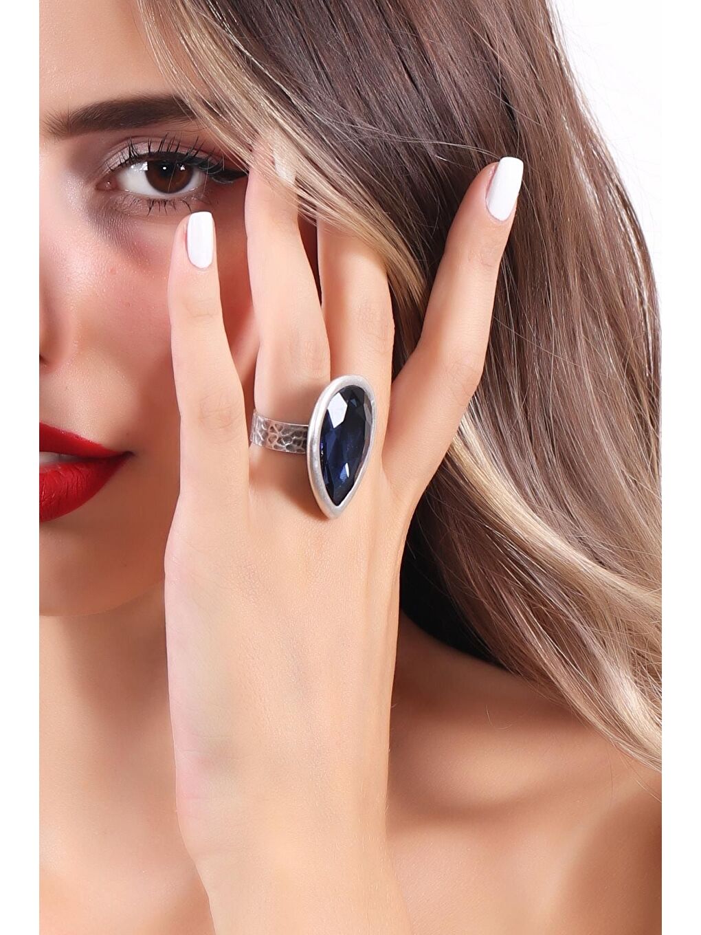 Lacivert Kadın Antik Gümüş Kaplama  Kristal Kesme Taşlı Damla Yüzük-2