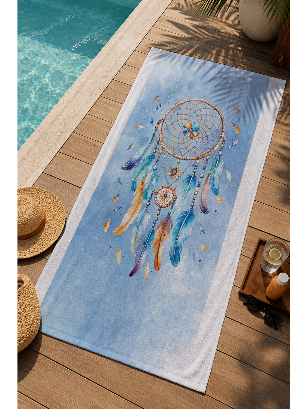 Açık Mavi Rüya Kapanı Dreamcatcher Desenli 70x150 Cm Dijital Baskılı Plaj Ve Banyo Havlusu-2