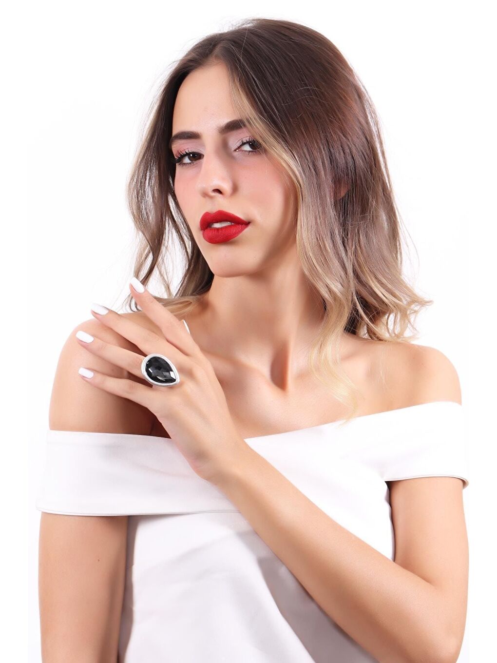 Antrasit Kadın Antik Gümüş Kaplama  Kristal Kesme Taşlı Damla Yüzük-2