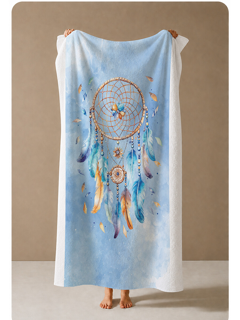 Açık Mavi Rüya Kapanı Dreamcatcher Desenli 70x150 Cm Dijital Baskılı Plaj Ve Banyo Havlusu-3