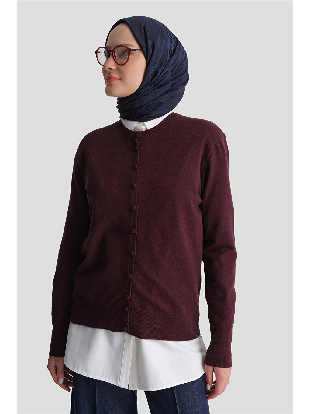 Düğme Detaylı Basic Hırka Bordo-3