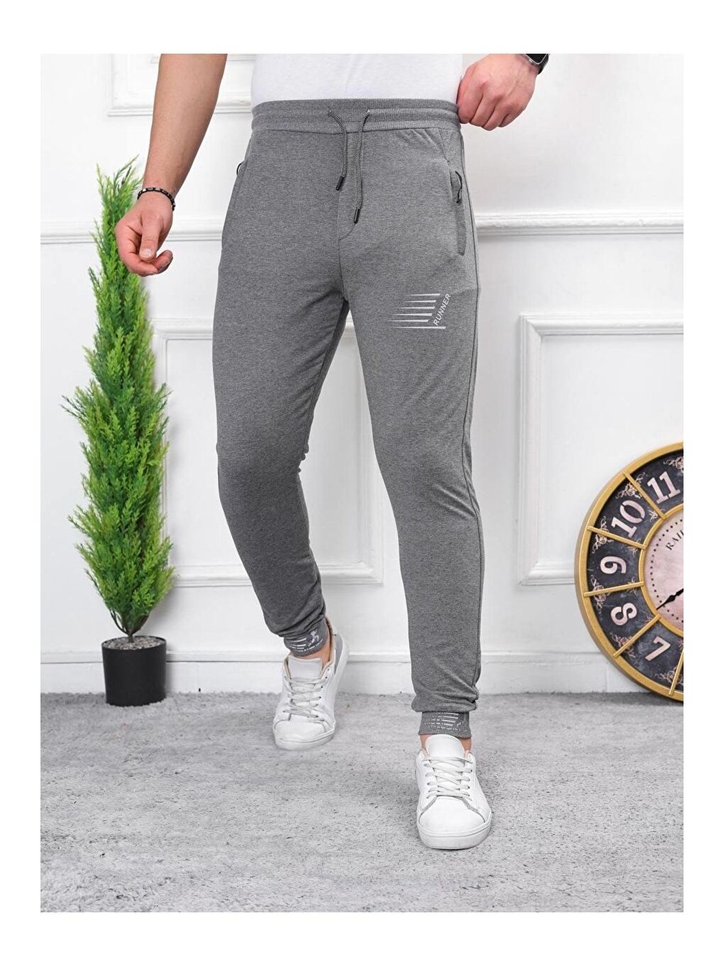 Gri Erkek Iki Iplik Compact Kumaş Baskılı Manşetli Eşofman