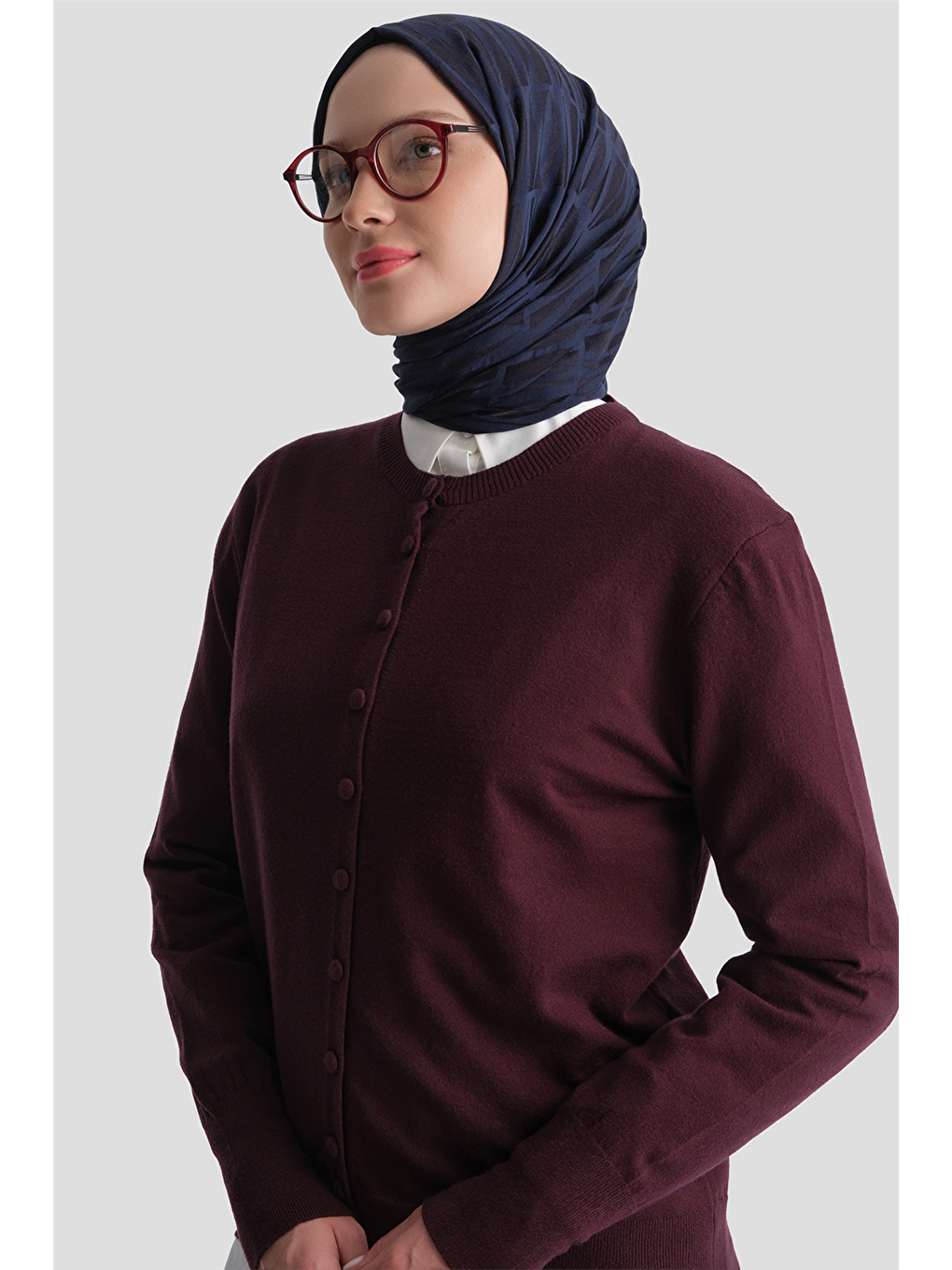 Düğme Detaylı Basic Hırka Bordo-4