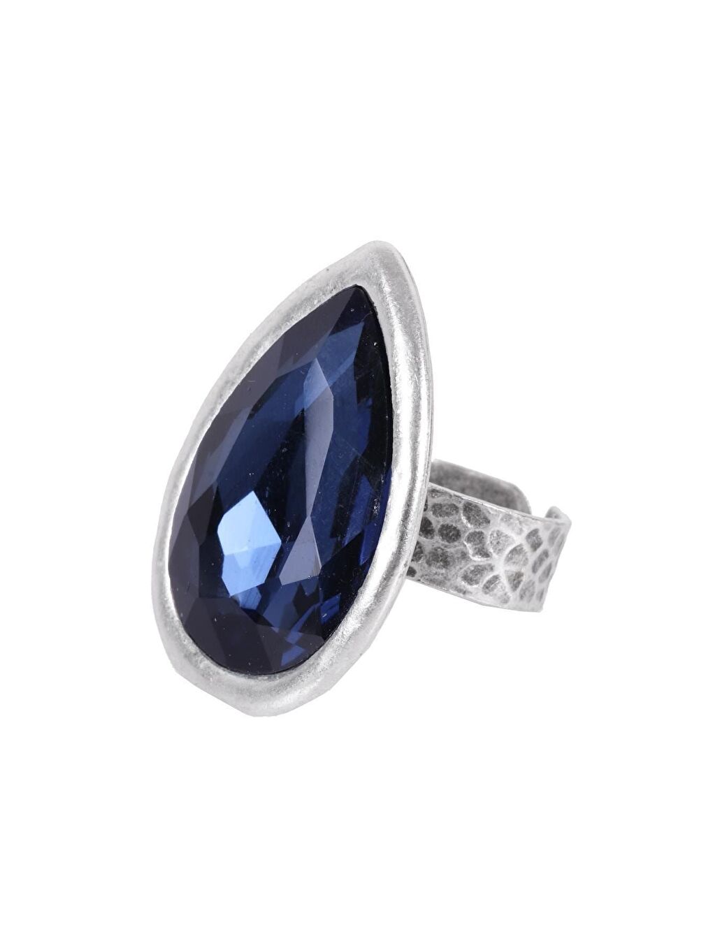Lacivert Kadın Antik Gümüş Kaplama  Kristal Kesme Taşlı Damla Yüzük-1