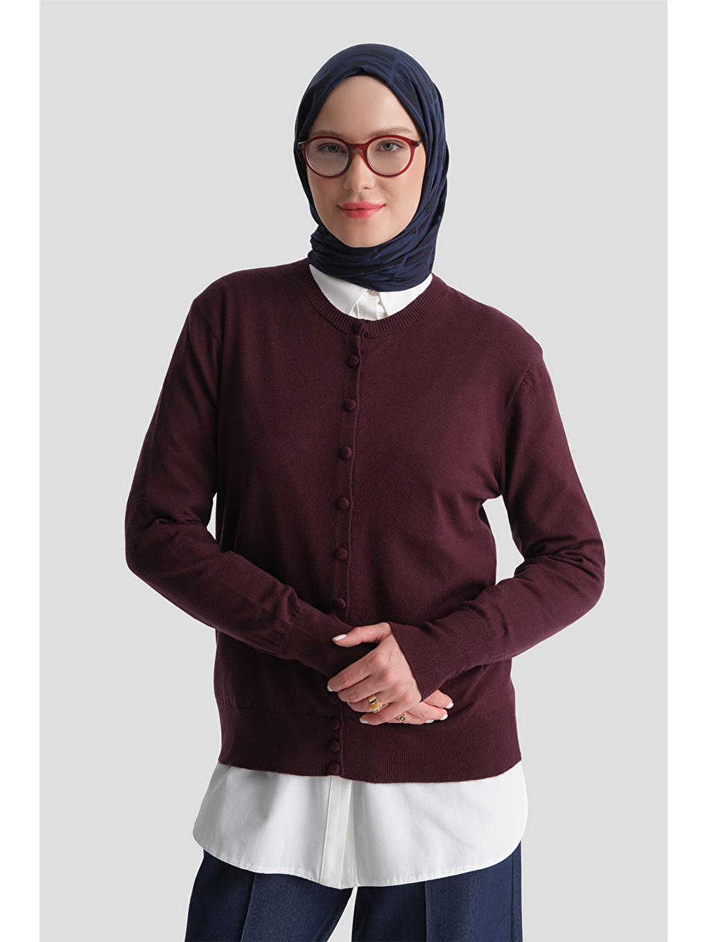 Düğme Detaylı Basic Hırka Bordo-5