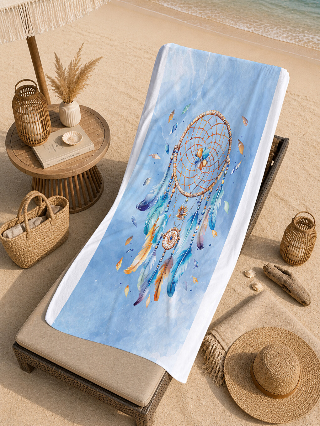 Açık Mavi Rüya Kapanı Dreamcatcher Desenli 70x150 Cm Dijital Baskılı Plaj Ve Banyo Havlusu-4