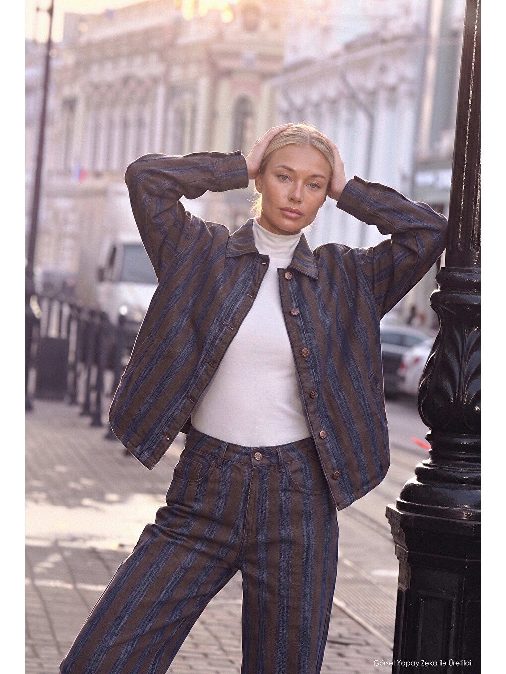 Kahverengi Kadın Kahve Jean Çizgili 1w6-7 Oversize Denim Ceket-1
