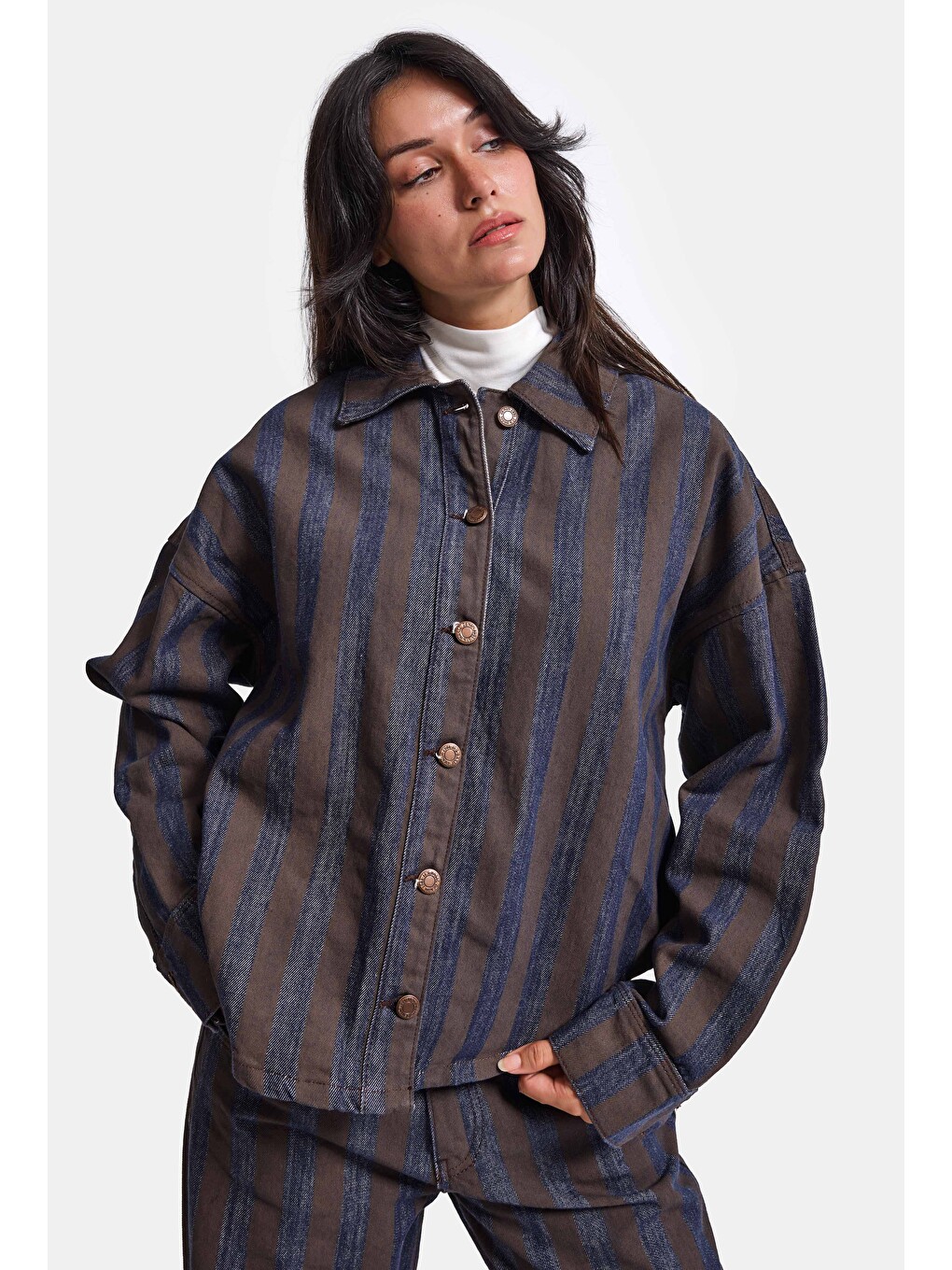 Kahverengi Kadın Kahve Jean Çizgili 1w6-7 Oversize Denim Ceket-2