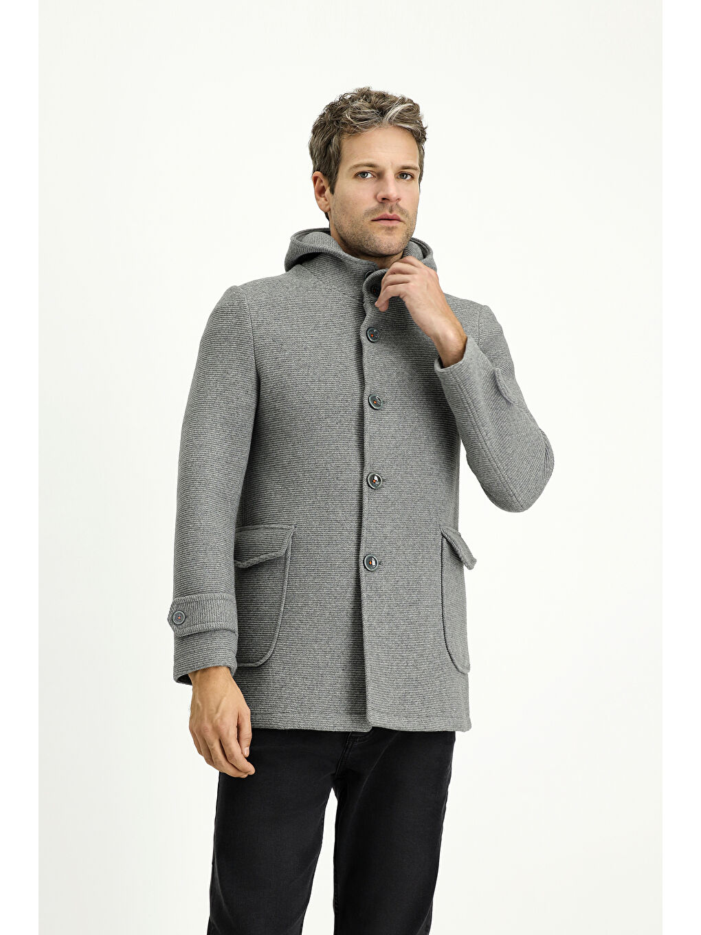 Gri Yünlü Kapüşonlu İtalyan Kaban-1