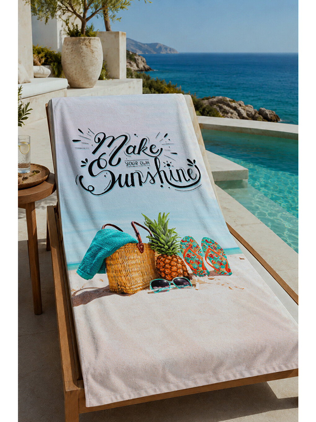 Ekru Make Sunshine Yazılı Tropikal Meyve Desenli 70x150 Cm Dijital Baskılı Plaj Ve Banyo Havlusu