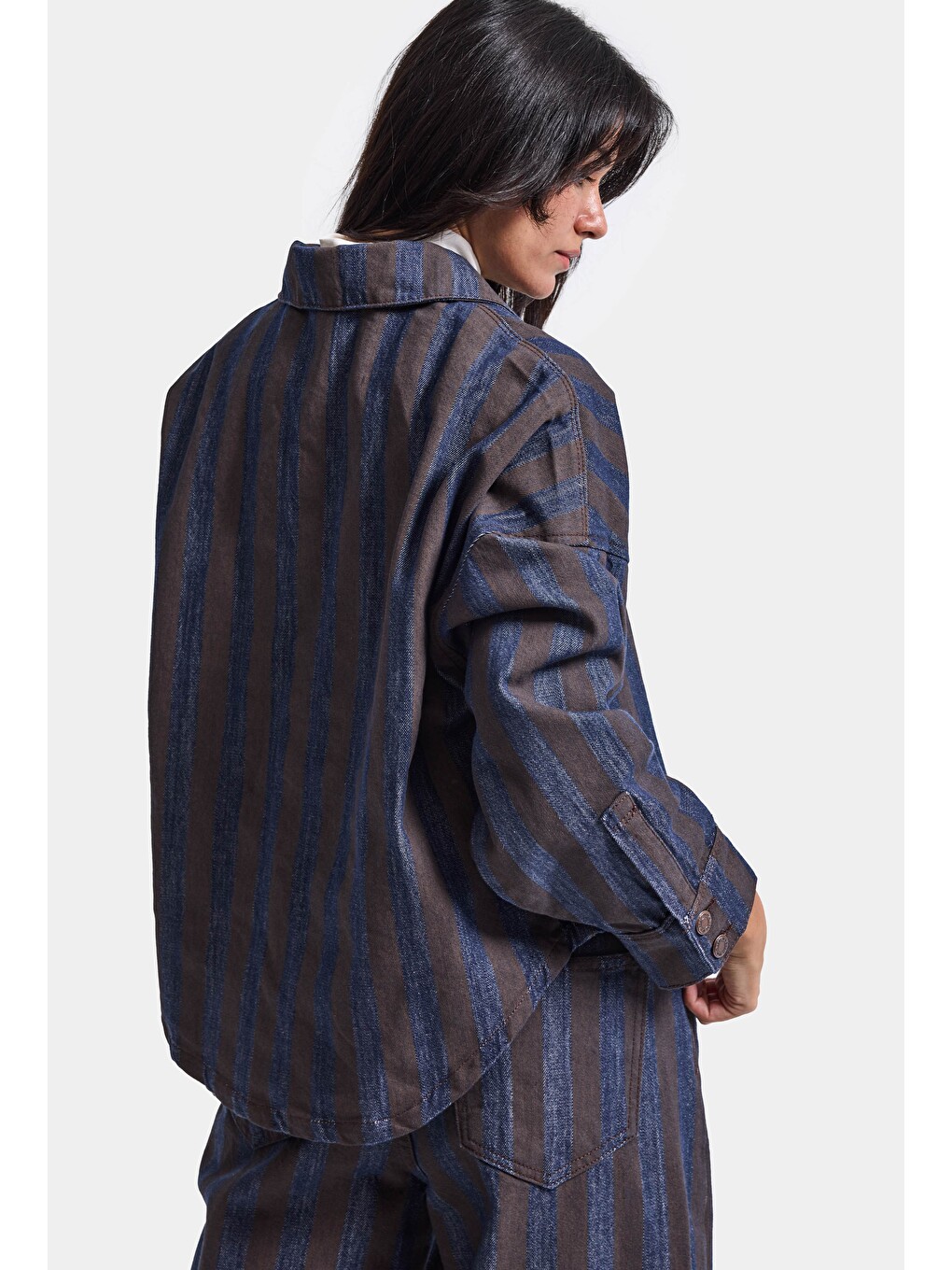 Kahverengi Kadın Kahve Jean Çizgili 1w6-7 Oversize Denim Ceket-3