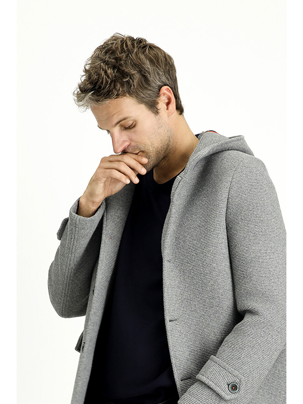 Gri Yünlü Kapüşonlu İtalyan Kaban-3