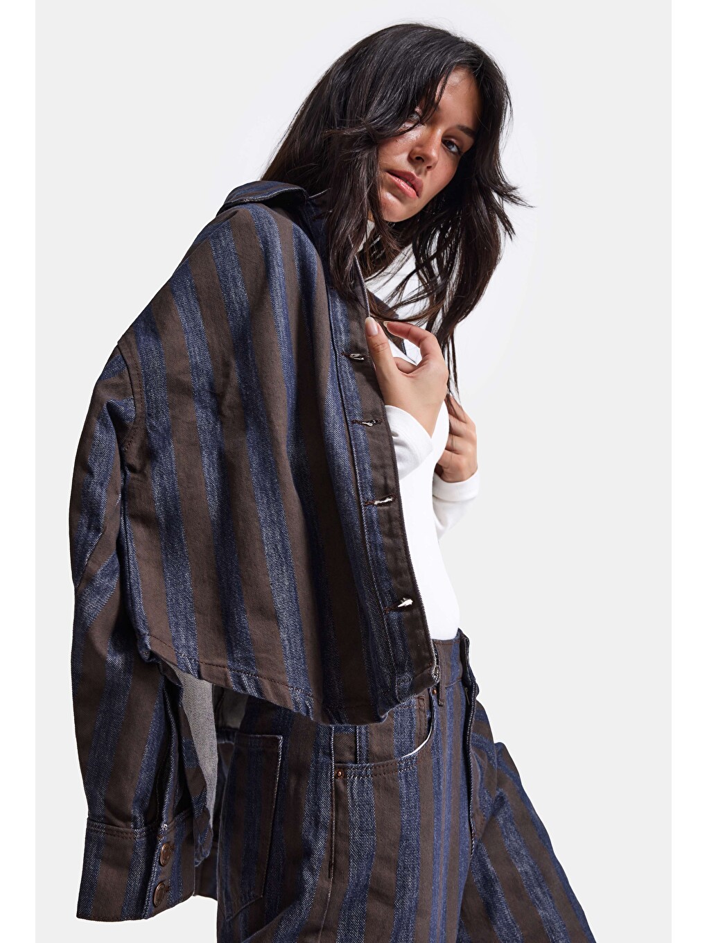 Kahverengi Kadın Kahve Jean Çizgili 1w6-7 Oversize Denim Ceket-4