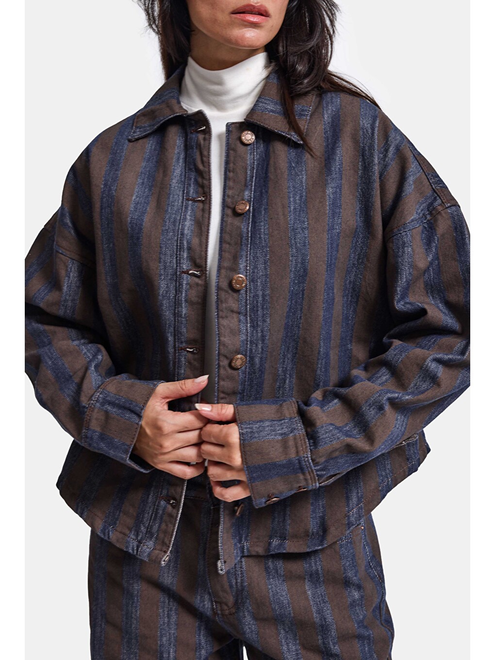 Kahverengi Kadın Kahve Jean Çizgili 1w6-7 Oversize Denim Ceket-5